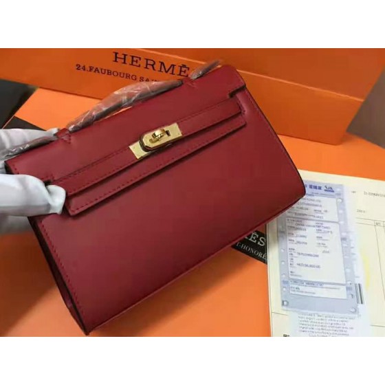 Hermes Swift Kelly Pochette Clutch Gold Hardware Burgundy