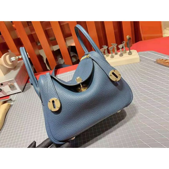 Hermes Mini Lindy Taurillon Clemence 20 Gold Hardware Blue