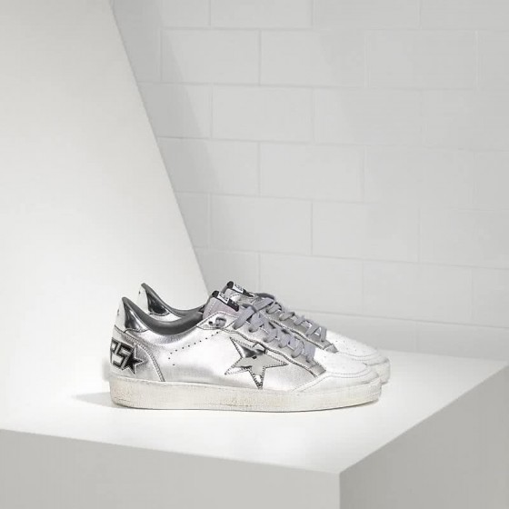 Golden Goose Sneakers Ball Star in Pelle con Stella in Pelle Silver Mirror