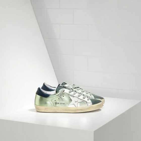 Golden Goose Sneakers Super Star in Pelle e Stella in Pelle Green Lame White