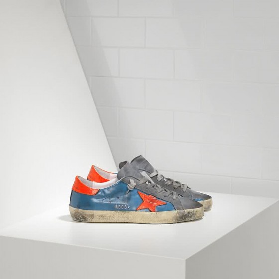 Golden Goose Sneakers Super Star in Pelle e Stella in Pelle Fluo Sky Red Fluo Star