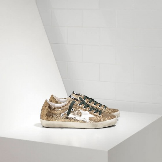 Golden Goose Sneakers Super Star IN Pelle Glitterata E Stella IN Pelle gold glitter emerald