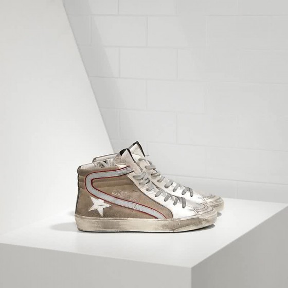Golden Goose Sneakers Slide in Canvas di Cotone e Stella in Pelle Silver Beige Suede
