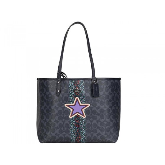 Coach Ranch Varsity Signature Reversible City Tote Denim Multi Midnight