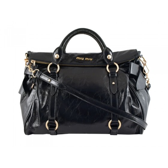 Miu Miu Shinny Leather Large Boston Bag Black