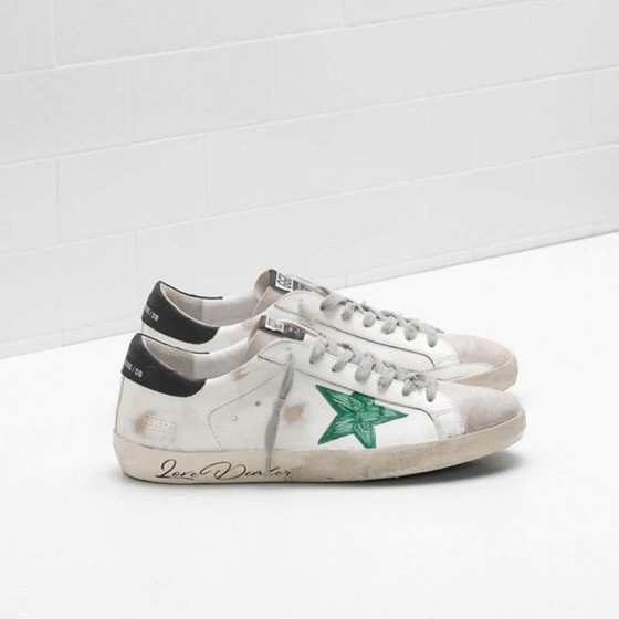 Golden Goose Sneakers White Upper in Calf Leather Openwork Star Hand Decorated Green Star Men Women