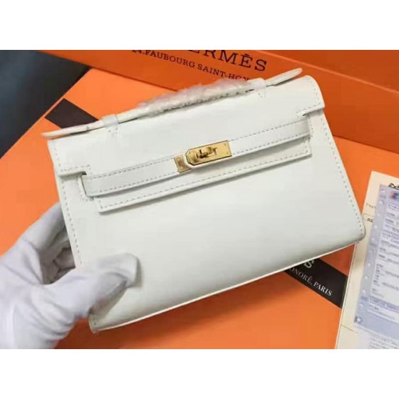 Hermes Swift Kelly Pochette Clutch Gold Hardware White