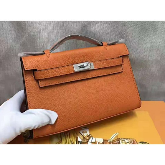Hermes Pochette Kelly Togo Leather Silver Hardware Orange