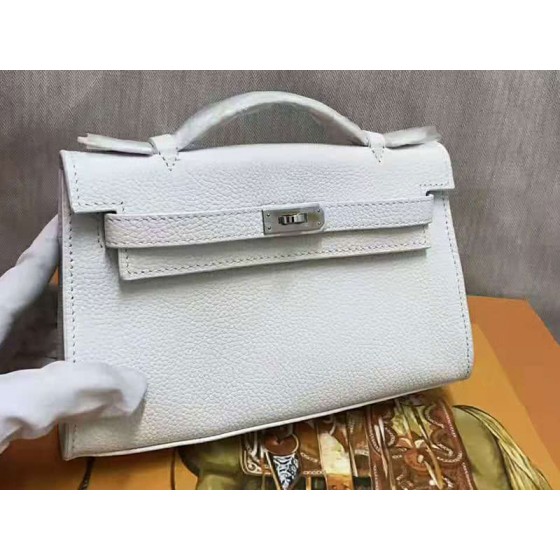Hermes Pochette Kelly Togo Leather Silver Hardware White