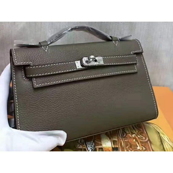 Hermes Pochette Kelly Togo Leather Silver Hardware Dark Grey