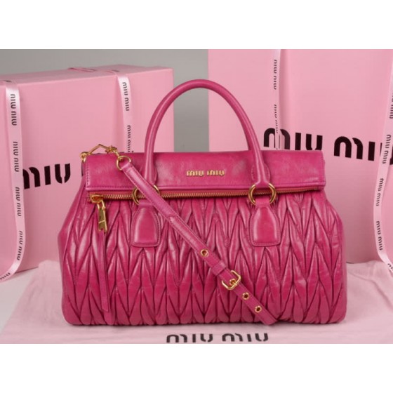 Miu Miu Glazed Matelasse Leather Zip Satchel Hot Pink