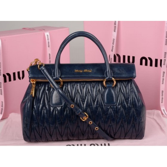 Miu Miu Glazed Matelasse Leather Zip Satchel Blue
