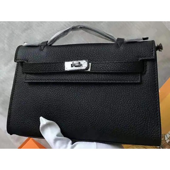 Hermes Pochette Kelly Togo Leather Silver Hardware Black