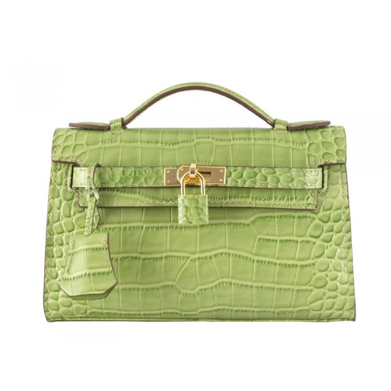 Hermes Matte Kelly Pochette Crocodile Green