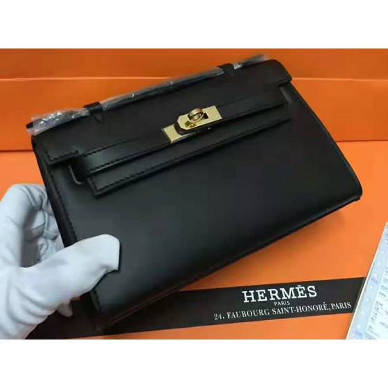 Hermes Swift Kelly Pochette Clutch Gold Hardware Black