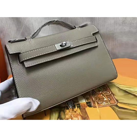 Hermes Pochette Kelly Togo Leather Silver Hardware Grey