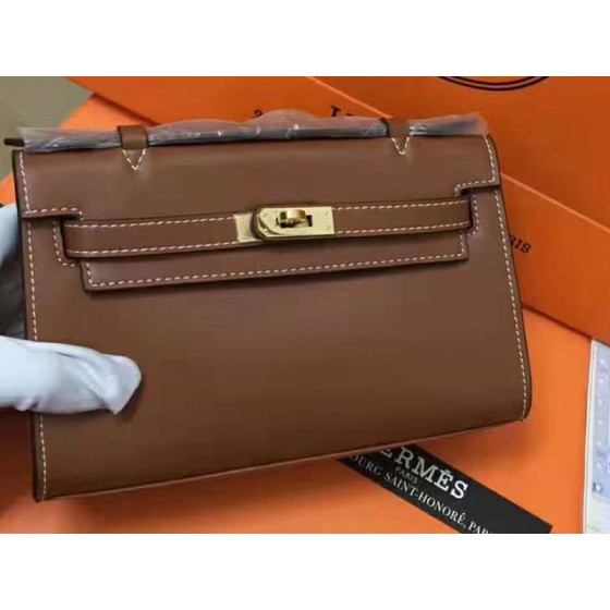 Hermes Swift Kelly Pochette Clutch Gold Hardware Brown
