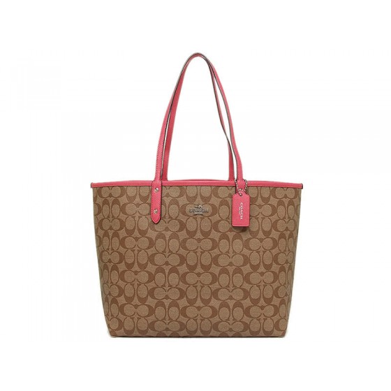 Coach Reversible Signature City Tote Khakhi Hot Pink