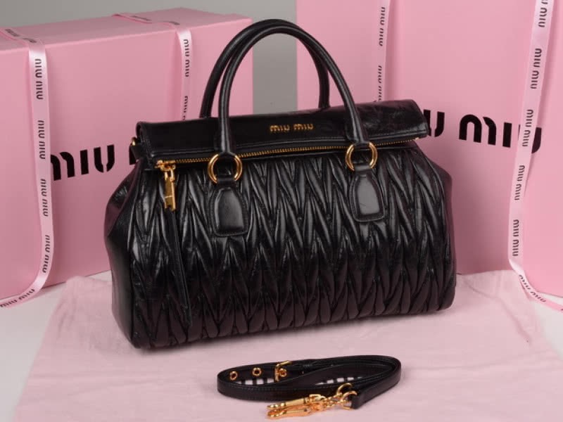Miu Miu Glazed Matelasse Leather Zip Satchel Black 2