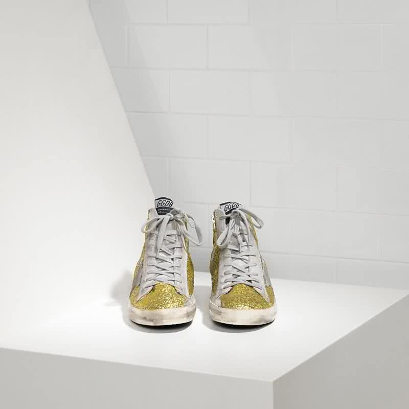 Golden Goose Sneakers FRANCY in pelle splamata all over Glitter e Stella in Camoscio lime glitter 1