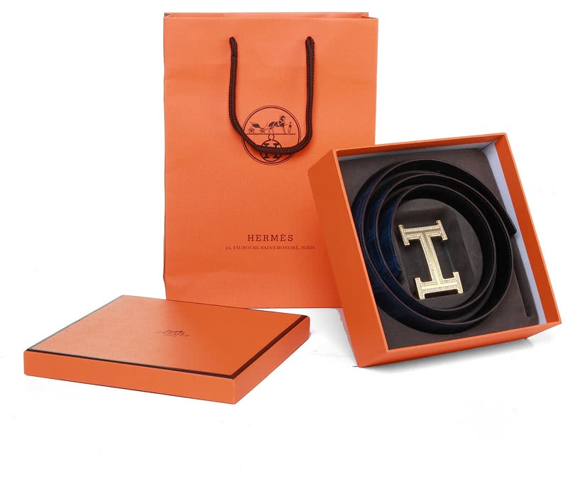 Hermes Crocodile Leather Gold H Buckle Belt With Diamond Dark Blue 4