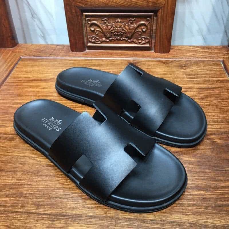 Hermes Fashion Comfortable Slipper Cowhide Black Men 1