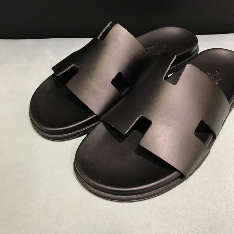 Hermes Fashion Comfortable Slipper Cowhide Black And Brown Men 5