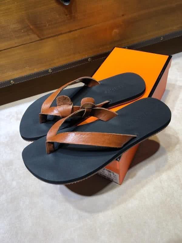 Hermes Fashion Comfortable Slipper Cowhide Black And Brown Men 3