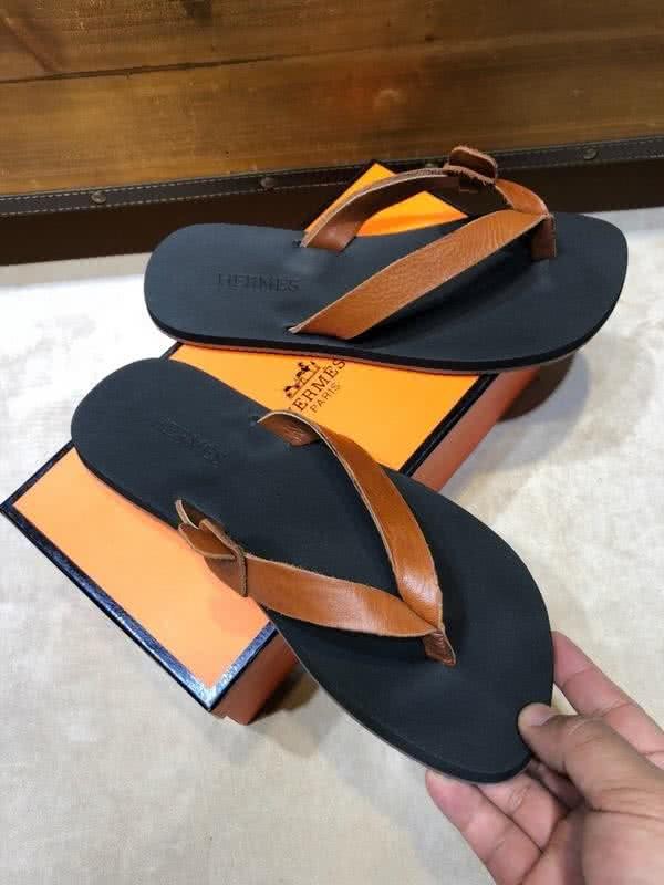 Hermes Fashion Comfortable Slipper Cowhide Black And Brown Men 4