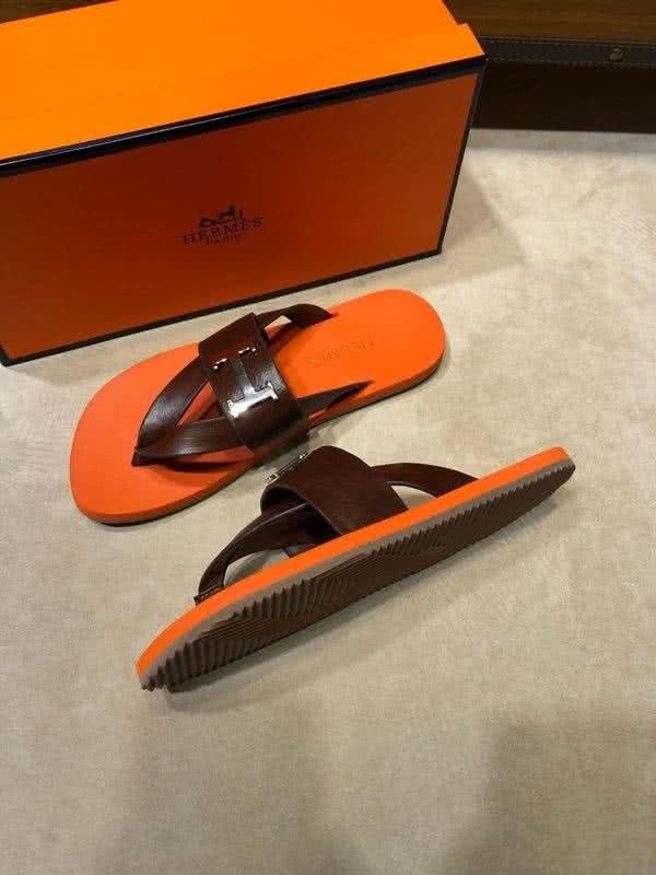 Hermes Fashion Comfortable Slipper Cowhide Orange And Brown Men 3