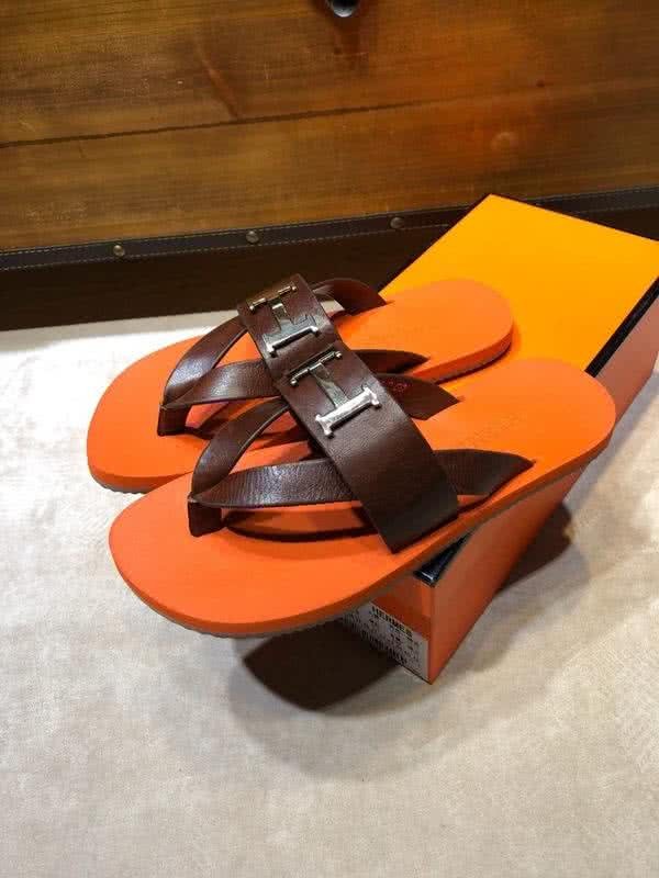 Hermes Fashion Comfortable Slipper Cowhide Orange And Brown Men 5