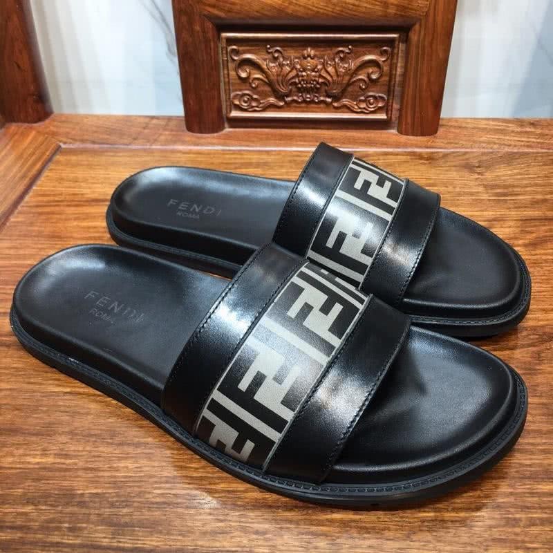 Fendi Slippers Calf Leather Black White Upper Rubber Sole Men 4