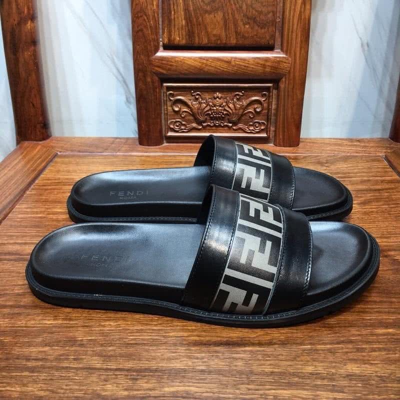 Fendi Slippers Calf Leather Black White Upper Rubber Sole Men 3