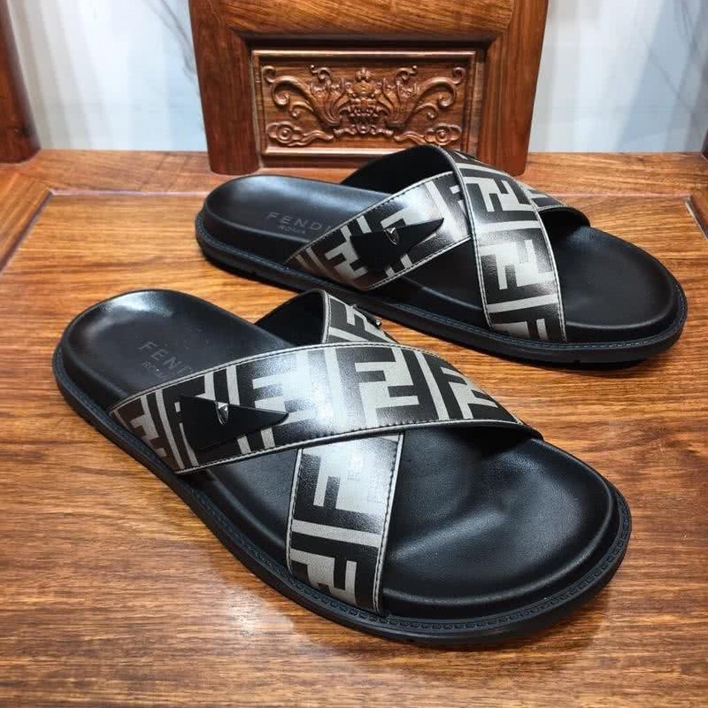 Fendi Slippers Calf Leather Black White Upper PU Inside Rubber Sole Men 5
