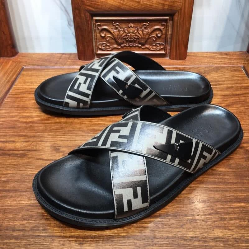Fendi Slippers Calf Leather Black White Upper PU Inside Rubber Sole Men 7