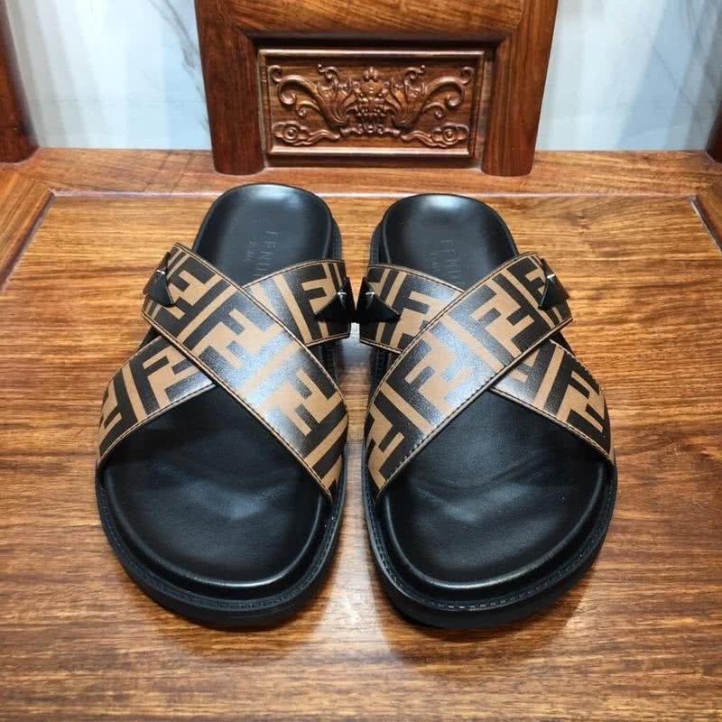 Fendi Slippers Calf Leather Crossed Orange Upper PU Inside Rubber Sole Men 2