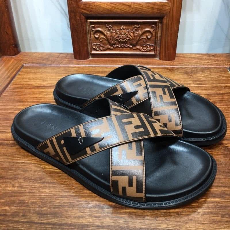 Fendi Slippers Calf Leather Crossed Orange Upper PU Inside Rubber Sole Men 3