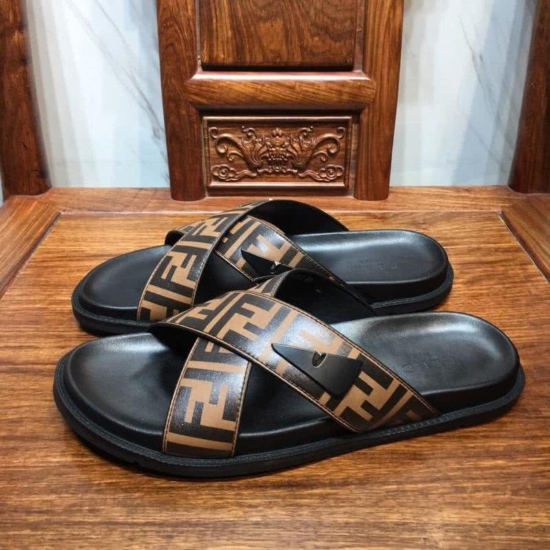 Fendi Slippers Calf Leather Crossed Orange Upper PU Inside Rubber Sole Men 1