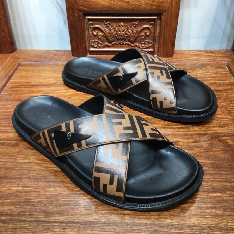 Fendi Slippers Calf Leather Crossed Orange Upper PU Inside Rubber Sole Men 5