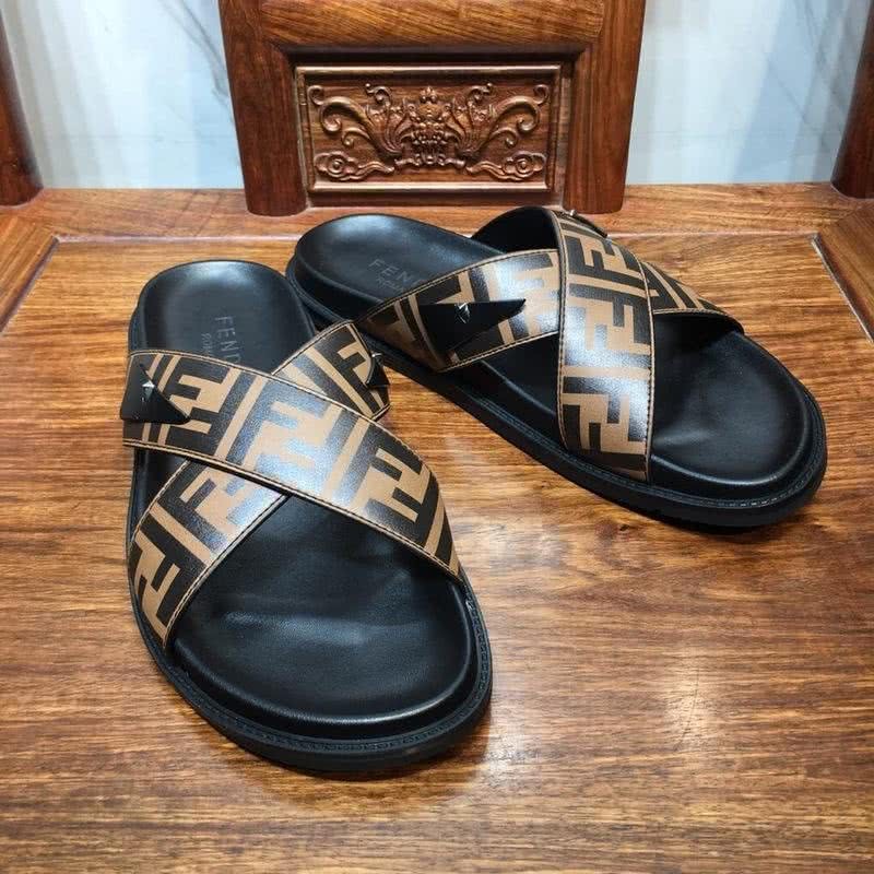 Fendi Slippers Calf Leather Crossed Orange Upper PU Inside Rubber Sole Men 6
