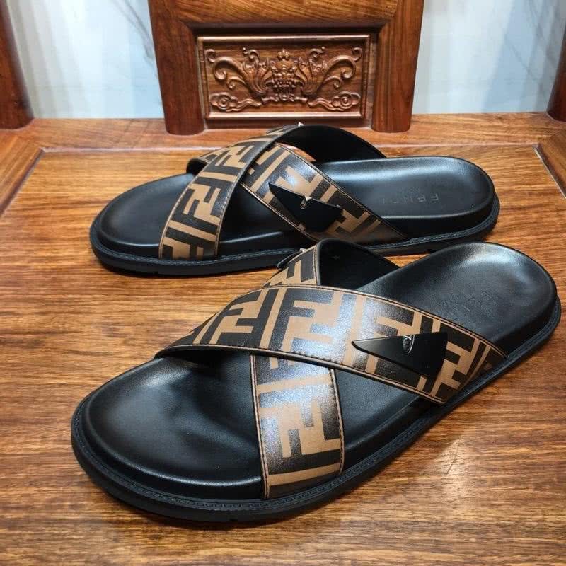 Fendi Slippers Calf Leather Crossed Orange Upper PU Inside Rubber Sole Men 7