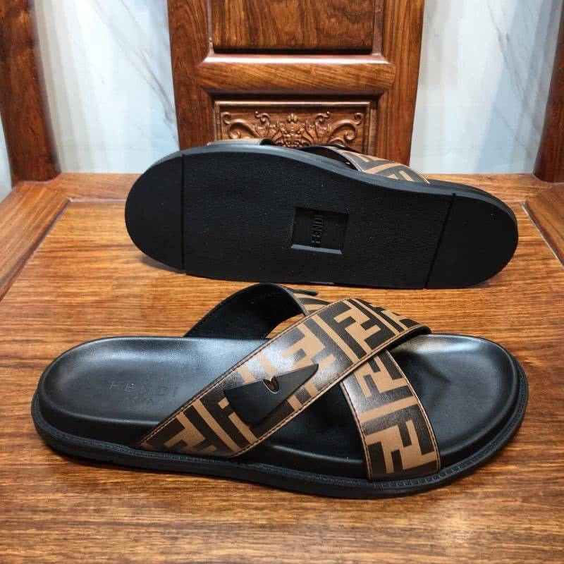 Fendi Slippers Calf Leather Crossed Orange Upper PU Inside Rubber Sole Men 8