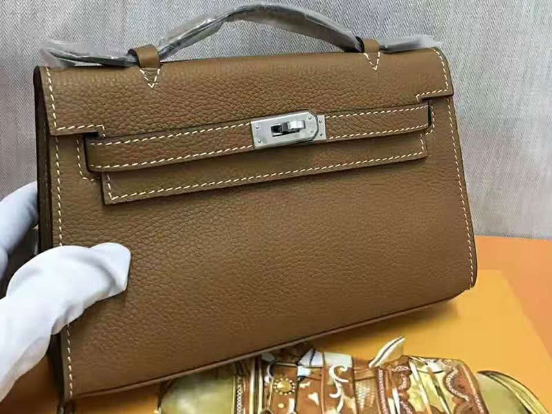 Hermes Pochette Kelly Togo Leather Silver Hardware Brown 1