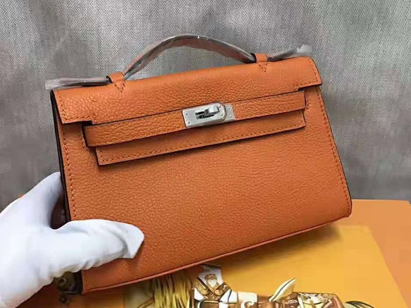 Hermes Pochette Kelly Togo Leather Silver Hardware Orange 1