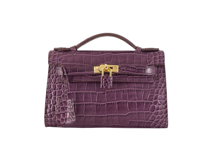 Hermes Matte Kelly Pochette Crocodile Purple 1
