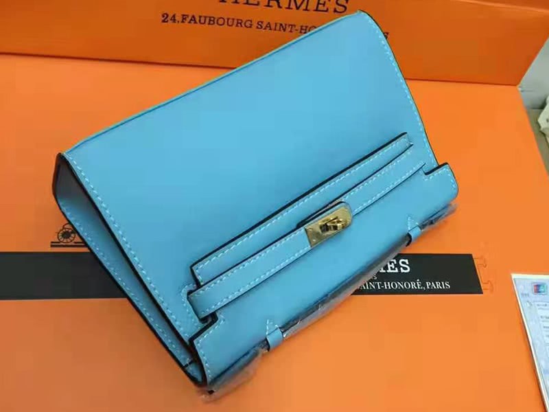 Hermes Swift Kelly Pochette Clutch Gold Hardware Blue 2