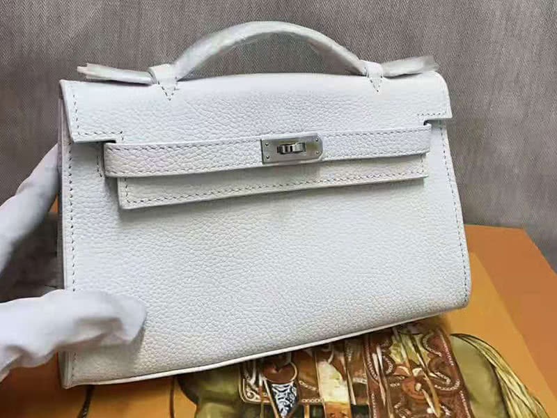 Hermes Pochette Kelly Togo Leather Silver Hardware White 1