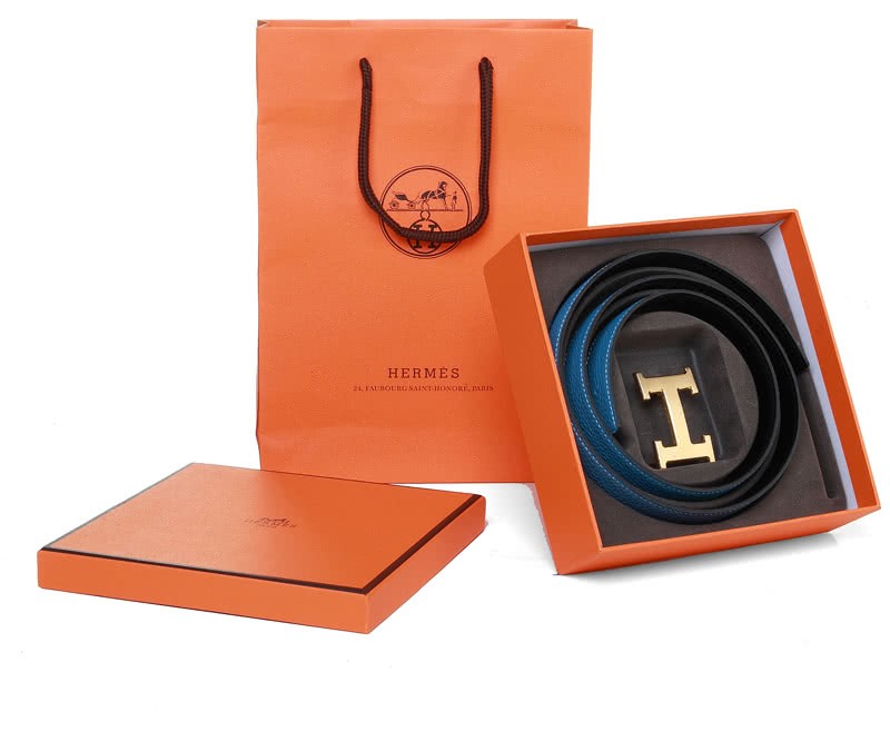 Hermes Togo Leather Belt With Gold H Buckle Blue 4