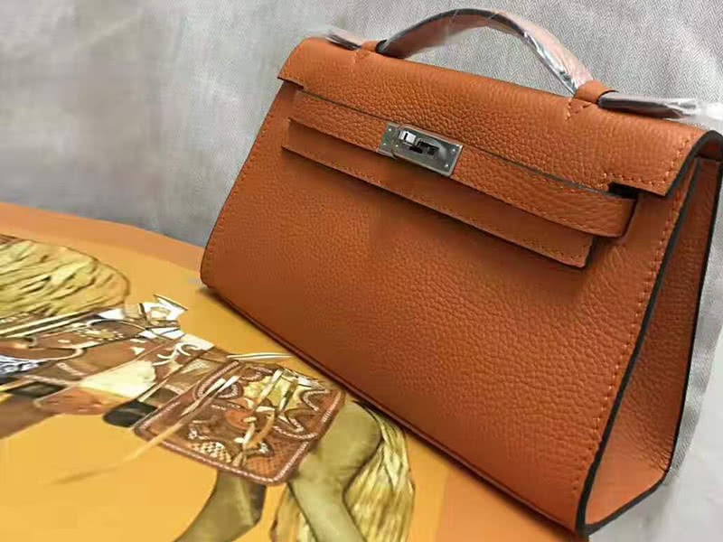 Hermes Pochette Kelly Togo Leather Silver Hardware Orange 5
