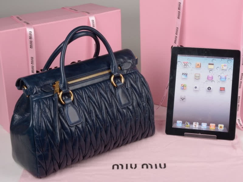 Miu Miu Glazed Matelasse Leather Zip Satchel Blue 3